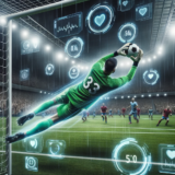 DALL·E 2023 10 24 17.25.59 Photo of a football goalkeeper diving to save a ball, with futuristic augmented reality displays of speedometers and heart rate monitors overlaid arou