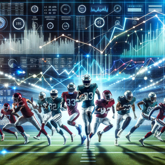 DALL·E 2023 10 24 17.30.26 Photo of a diverse group of football players in various action poses, each surrounded by dynamic line graphs and data points. The background shows a m