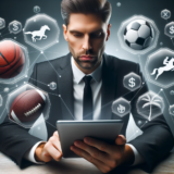 DALL·E 2023 10 24 16.27.53 Photo of a Caucasian male in his 30s, deeply involved in online betting on his tablet. Around him, translucent icons of football, basketball, and hors