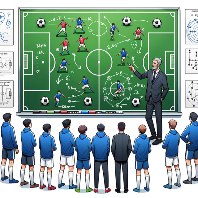DALL·E 2023 10 24 11.39.56 Illustration of a coach using a whiteboard to explain a complex sports strategy to diverse players, with tactical diagrams and annotations for a socce