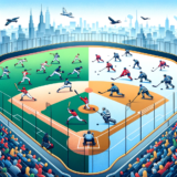 DALL·E 2023 10 24 14.29.14 Illustration showcasing a baseball diamond blending smoothly into a hockey rink. Baseball players, both male and female of different descents, swing t