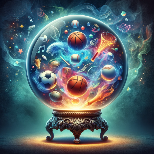 DALL·E 2023 11 08 22.27.13 Create an image of a mystical crystal ball on an ornate stand. Inside the crystal ball, there's a vibrant scene filled with sports icons such as footb