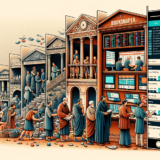 DALL·E 2023 11 18 19.01.37 A timeline themed illustration featuring key milestones in sports betting history. On the left, ancient betting scenes are depicted with individuals e